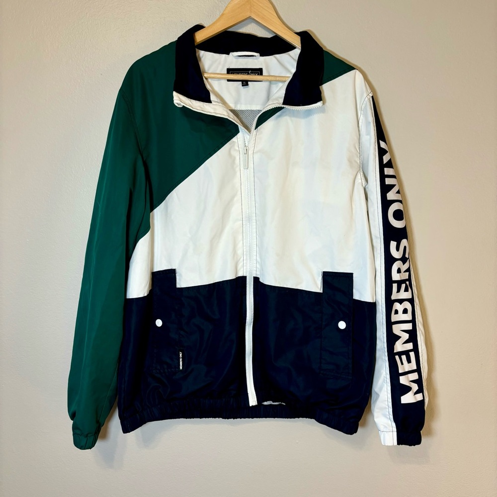 Members Only Green, White, and Black Windbreaker Color block Logo Jacket XL